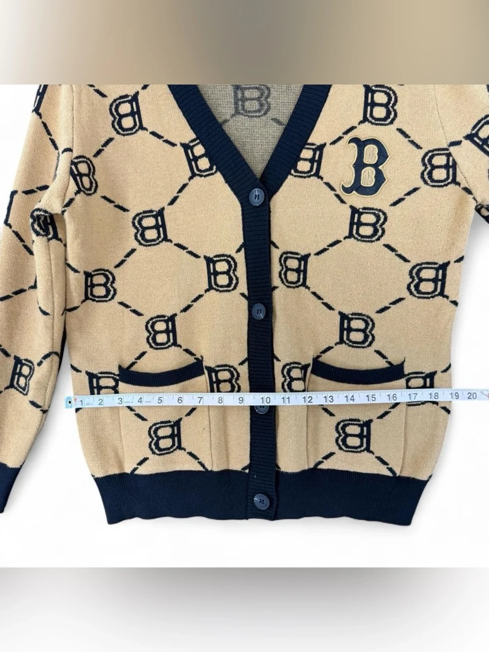 Black-Trim Camel Patterned Cardigan Sweater